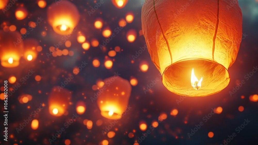 Poster many glowing lanterns floating in the night sky, creating a magical and festive atmosphere.
