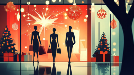 Christmas holidays window shopping scene illustration with elegant mannequins, geometric Christmas decorations. Year end holidays modern flat design with clean lines concept illustration