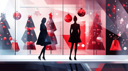 Christmas holidays window shopping scene illustration with elegant mannequins, geometric Christmas decorations. Year end holidays modern flat design with clean lines concept illustration
