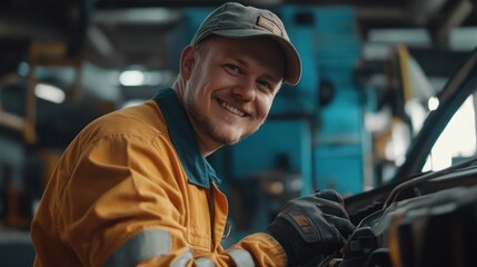 A smiling mechanic in a yellow jumpsuit works on a car engine in a garage.
