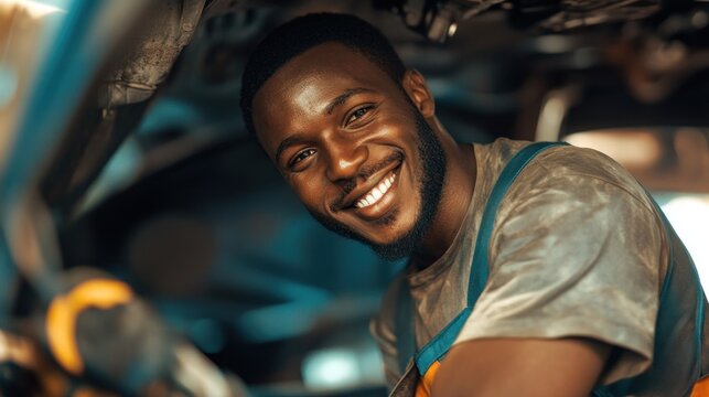 A smiling mechanic working under the hood of a car, looking directly at the camera.