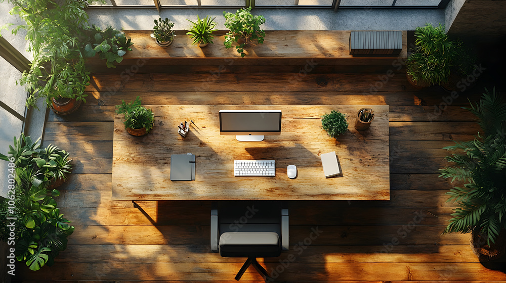 Poster cozy and inviting wooden desk setup with laptop computer and lush green plants,creating a productive