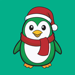 Cute Christmas Penguin Illustration with Santa Hat and Scarf, Christmas Penguin Vector in Festive Holiday Style