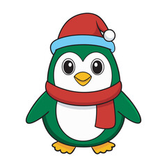 Cute Christmas Penguin Illustration with Santa Hat and Scarf, Christmas Penguin Vector in Festive Holiday Style