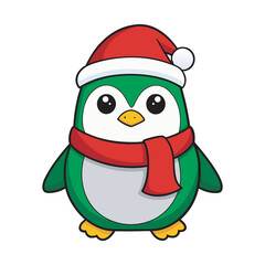 Cute Christmas Penguin Illustration with Santa Hat and Scarf, Christmas Penguin Vector in Festive Holiday Style