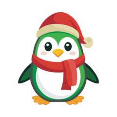 Cute Christmas Penguin Illustration with Santa Hat and Scarf, Christmas Penguin Vector in Festive Holiday Style