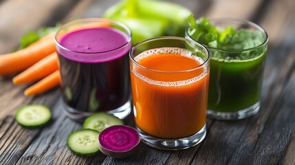 Colorful juices in glass cups: purple, orange, and green, surrounded by fresh vegetables on a wooden surface.