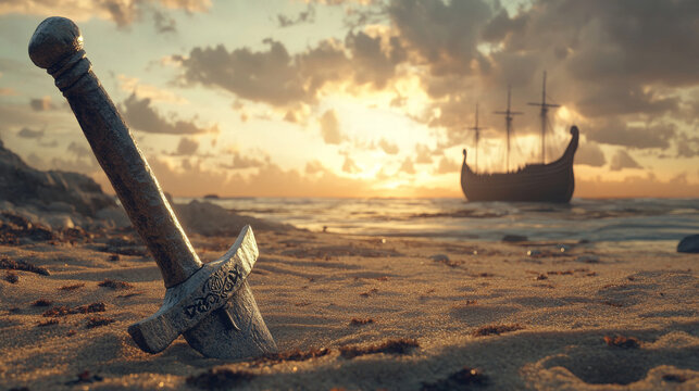 Vikings invasion concept image with a Viking weapon on a beach with a Vikings longship in background