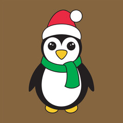 Cute Christmas Penguin Illustration with Santa Hat and Scarf, Christmas Penguin Vector in Festive Holiday Style