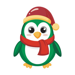 Cute Christmas Penguin Illustration with Santa Hat and Scarf, Christmas Penguin Vector in Festive Holiday Style