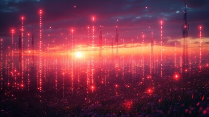 Obraz premium A vibrant sunset scene with glowing digital elements in the landscape.