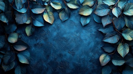 A serene composition of lush leaves against a textured blue background.
