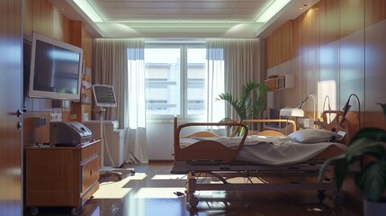 A hospital patient room with modern amenities and a comfortable atmosphere