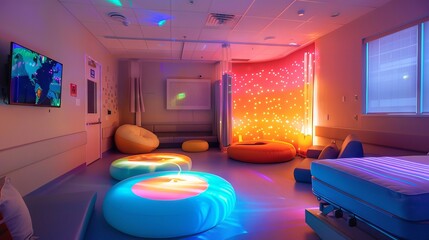 A hospital sensory room equipped with calming lights and sensory tools for patients with autism or sensory sensitivities