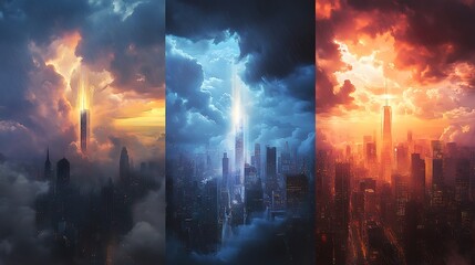 Fototapeta premium Three-panel art of a city shifting from storm to sunlight; left panel with heavy rain, mist, and muted tones, center with clouds lifting and sunlight piercing through,