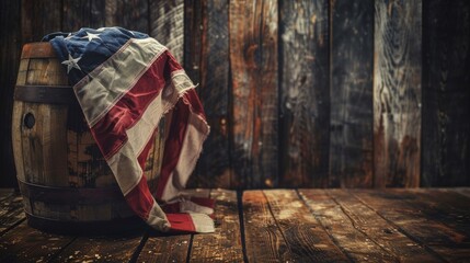 Fototapeta premium A rustic background with a flag draped over a wooden barrel, creating a rustic and patriotic atmosphere