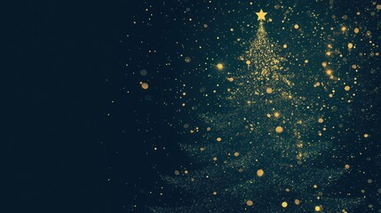 A sparkly gold Christmas tree silhouette with a star on top against a dark blue background with falling glitter.