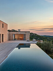 Fototapeta premium Modern stone villa with an infinity pool overlooking a scenic hillside at sunset