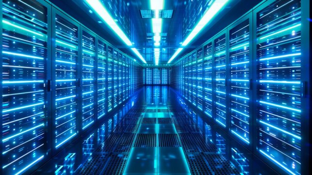 Aesthetic Harmony: Electric Blue Servers in a Technology-Driven Data Center