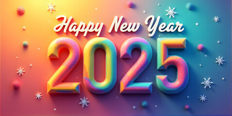 Happy New Year banner in the colors of the rainbow and snowflakes.