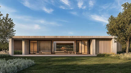 Fototapeta premium Modern house design with expansive windows set in lush green landscape under a clear blue sky