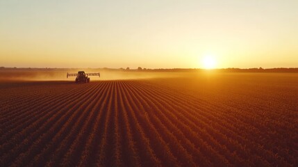 Fototapeta premium A tractor sprays a field at sunset, creating a hazy dust cloud. The setting sun casts a warm glow on the scene, and the plowed field is visible in the foreground.
