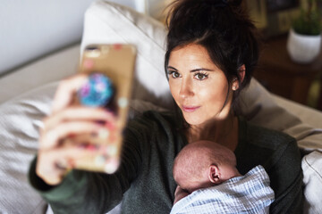 Mother, selfie and newborn in family home with social media update after giving birth. Love, support and care on maternity leave with profile picture post and photo for website with baby and bonding