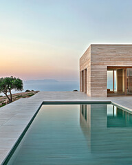 Fototapeta premium Modern villa with a serene pool overlooking the ocean at sunset in a tranquil location
