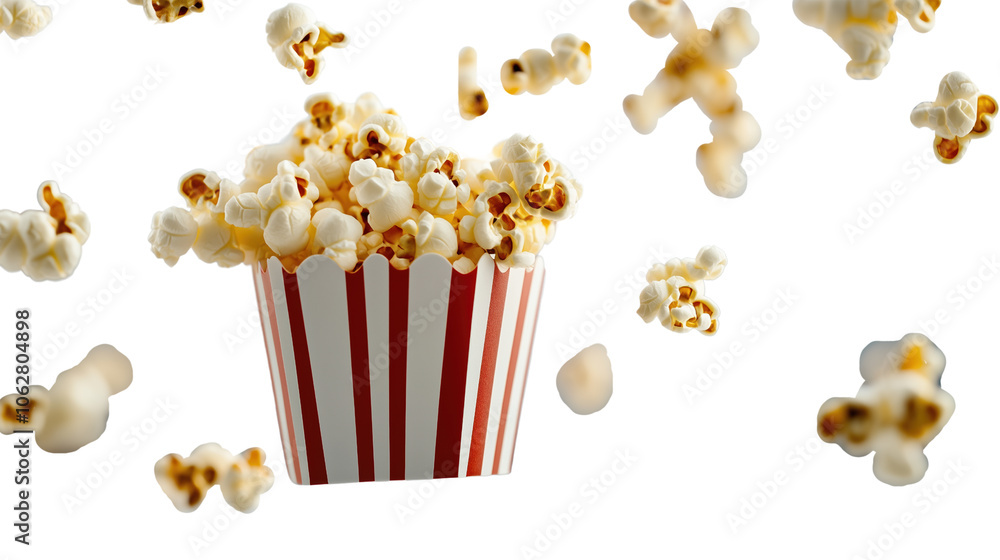 Poster 3d rendering of delicious, floating popcorn pieces, isolated on transparent background for snack and