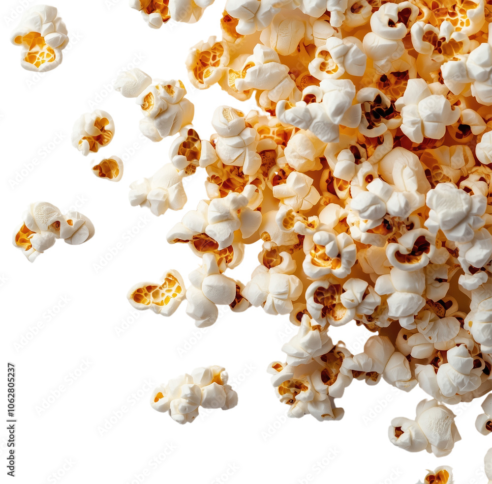 Poster 3d rendering of cinema-style popcorn in mid-air, isolated on transparent background for advertising 
