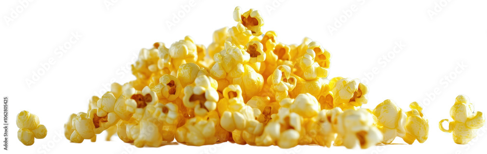 Poster 3d rendering of perfectly popped golden popcorn in various shapes isolated on transparent background