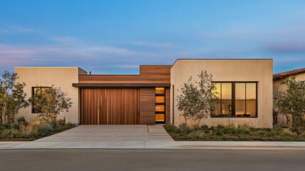 Obraz premium Modern single-family home exterior at sunset with landscaped yard in a suburban neighborhood