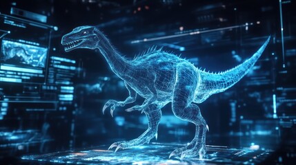 A digital rendering of a dinosaur in a futuristic, technological setting, with blue glowing lines and data displayed on a screen behind the dinosaur.