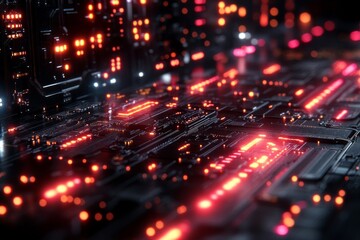 Obraz premium Computer chip with many red and orange lights