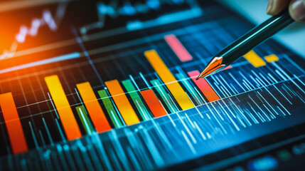 Business person evaluates metrics for charts and graphs with statistics to innovative analyze business potential and forecast future development of companies growth., setting goals for expansion.