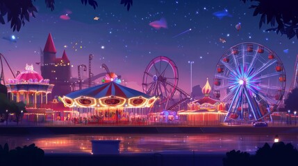 Colorful lights and rides create a magical carnival atmosphere.