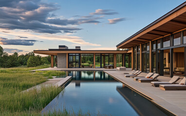 Fototapeta premium Modern countryside villa with expansive pool in serene landscape during sunset