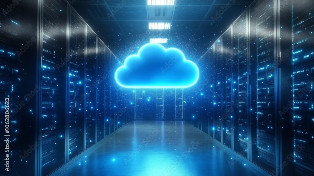 Poster blue cloud symbolizing cloud computing in a modern server room.