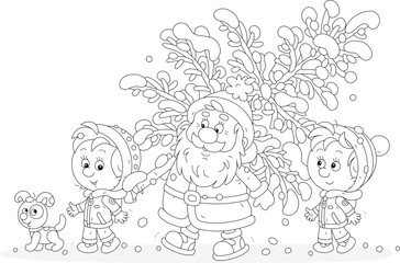 Santa Claus with happy little girl and boy carrying a snowy fir from a winter forest to decorate it to Christmas, black and white outline vector cartoon illustration for a coloring book page