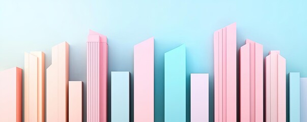 Obraz premium Colorful abstract skyline with pastel skyscrapers against a soft blue background.