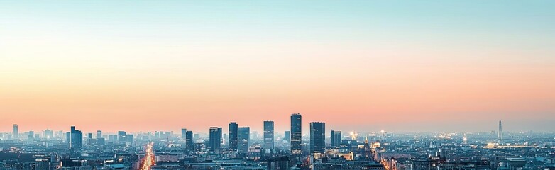 Fototapeta premium City skyline at sunset with vibrant colors and clear sky.