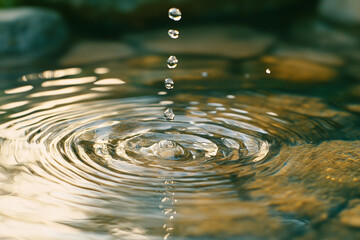 Clear water droplets falling into a calm pool, creating ripples