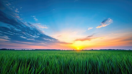 Vibrant sunset over lush green grass field, clear sky, and colorful clouds.
