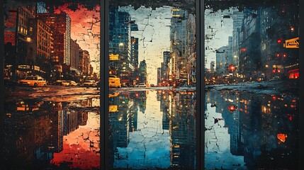 Obraz premium Three-panel urban art series; left panel shows a puddle with buildings mirrored in the water, middle panel a glass window reflecting streetlights and city structures,