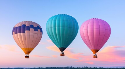 Obraz premium Colorful hot air balloons in the sky during sunrise with a pastel background.