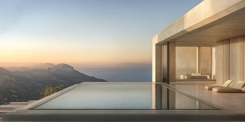 Fototapeta premium Modern vacation home with infinity pool overlooking mountain landscape at sunset