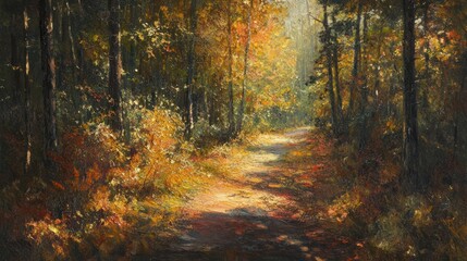 Obraz premium A sunlit path winds through a dense forest, dappled sunlight filtering through the trees.