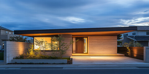 Fototapeta premium Modern wooden house exterior with warm lighting during twilight in a suburban neighborhood