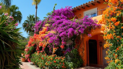 Bougainvillea blooms in tropical shades of orange, pink, and purple, creating a vibrant display