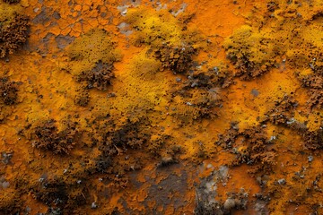 Close-up of vibrant orange and brown lichen on a surface.